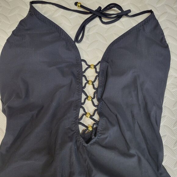 Red Carter Swimsuit Size 8 Medium Black One Piece Plunging Halter Neck Gold NWT - Picture 2 of 9